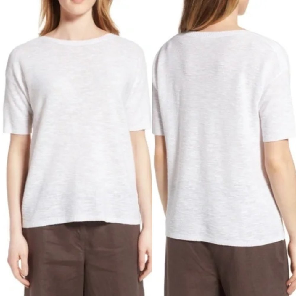 EILEEN FISHER Top, Light Pink Organic Linen Short Sleeve Career Minimalist, PS